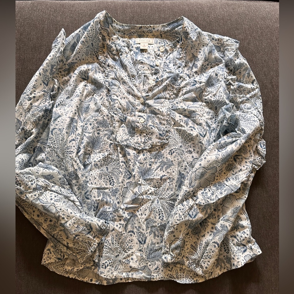 J.Crew, Point Sur top. White with blue print. Size M.